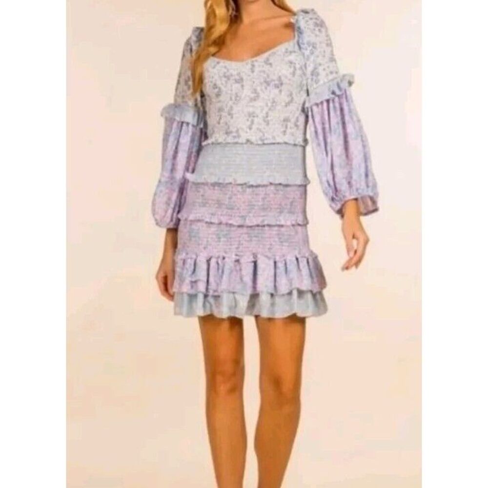 Yvonne & Love Boho Mini Party Dress Shoulder Balloon Sleeve Tiered Ruffle Size S